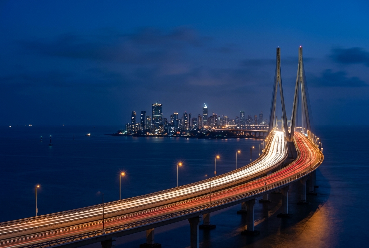Evening artwork of Mumbai's Bandra-Worli Sea Link and skyline with illuminated traffic trails